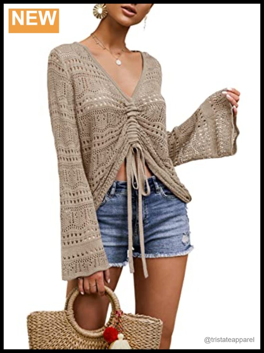 Saodimallsu Womens Boho Off Shoulder Sheer Crop Top Crochet Bell Sleeve Sweater